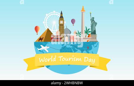 Travel around the world concept with famous world landmarks. World tourism day. Vector illustration. Stock Vector