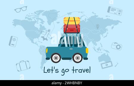 Travel by car and map concept. A car on the planet earth. Road trip concept. Vector illustration. Stock Vector