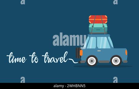 Time to travel concept poster. Travel by car. Road trip. Vector illustration. Stock Vector