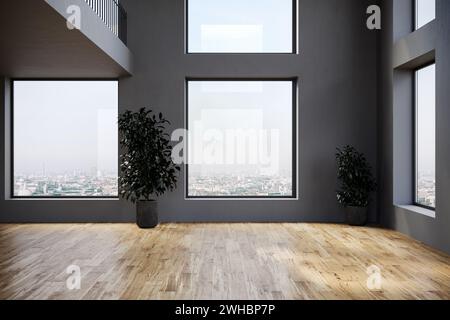 Modern empty apartment interior with gray walls and big panorama windows. Stock Photo