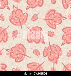 Pink leaf brush strokes seamless vector pattern background. Hand drawn leaves with dots on dot textured background. Nature botanical backdrop all over Stock Vector