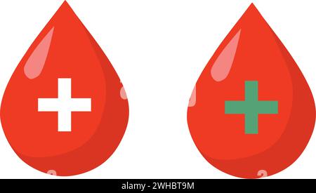 Drops of blood with white and green crosses on a white background with copy space Stock Vector
