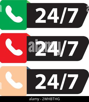 Colored 24-7 telephone assistance sign on a white background with copy space Stock Vector