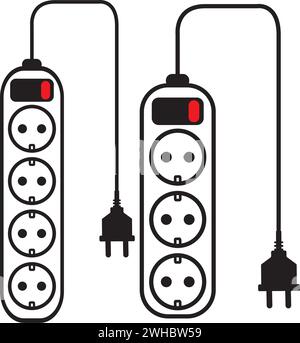 Extension lead 3 and 4 ways power strip with switch on a white background Stock Vector