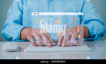 Businessman using computer secure encryption technology, cybersecurity privacy of data protection, security Internet access, security encryption of us Stock Photo