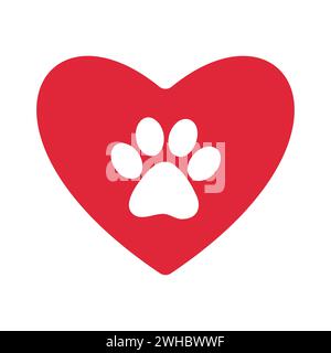 Pet friendly greeting or informational sign, label, sticker. White animal paw print in red heart Stock Vector