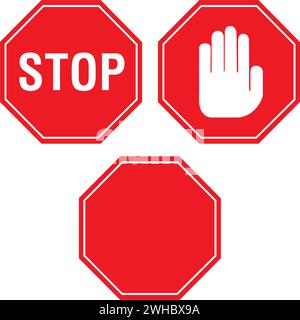 Red stop signs, one with a hand and one blank on a white background Stock Vector
