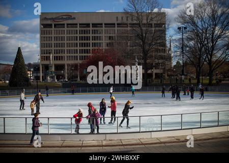 Worcester Common ice rink in Worcester, Massachusetts, USA the second largest city in New England. Stock Photo