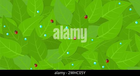 Abstract Seamless Pattern With Red Ladybugs And Water Drops On Green Leaves Background Stock Vector