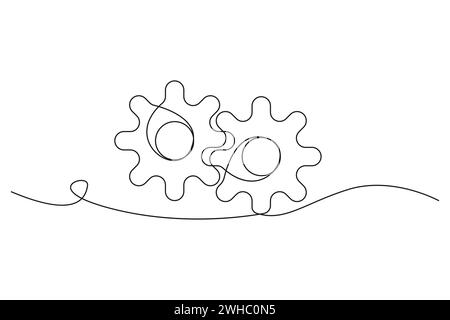 Single line drawing with gear. One continuous line of gear wheel. Vector illustration. EPS 10. Stock image. Stock Vector
