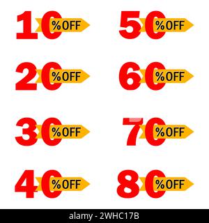 Set of sale tags with different percent off discount. Special offer, big sale, price drop. Vector illustration. EPS 10. Stock image. Stock Vector