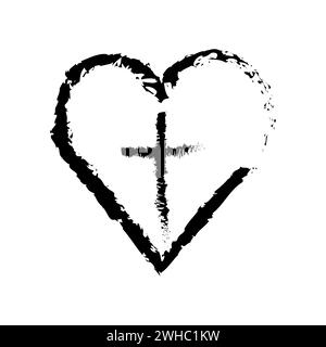 Christian cross and heart drawn by brush. Vector illustration. EPS 10. Stock image. Stock Vector