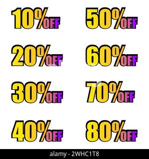 Set of sale tags with different percent off discount. Special offer, big sale, price drop. Vector illustration. EPS 10. Stock image. Stock Vector