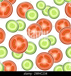 Vector Cucumber and Tomato seamless pattern, repeat background with flying vegetables for bed linen, square poster with group of flat lay cucumbers an Stock Vector
