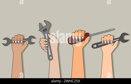 Hands holding construction or mechanical tools. Vector illustration. Stock Vector