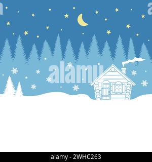 Horizontal seamless pattern with forest, house, starry sky. Winter vector background. Stock Vector