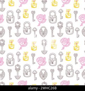 Seamless pattern with contour drawings of roses, keys, locks, candles on a white background. Stock Vector