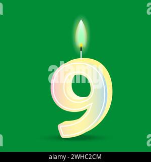Birthday number nine, candle with fire. 3D number 9. Vector illustration. EPS 10. Stock image. Stock Vector