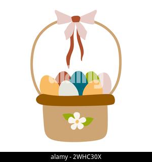 Basket with colorful Easter eggs and Ribbon Bow on white background. Vector Flat or Cartoon Holiday Illustration for Greeting Card, Poster, Banner, In Stock Vector