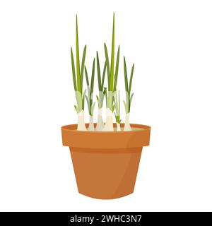 Pot with grown green onions, vector illustration farm Stock Vector