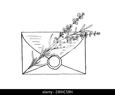 Envelope with wax seal and lavender branch. Vector hand drawn linear sketch style illustration for design. Lavender aesthetics Stock Vector