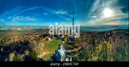 Breathtaking wonderful aerial view on The Sleza Mountain (German: Zobten or Zobtenberg, later also Siling) - is a 718 m (2,356 ft) high mountain in th Stock Photo