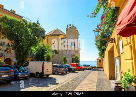 Church in the old town of the fishing village of Bogliasco, church of the Nativity of the Holy Mary Stock Photo