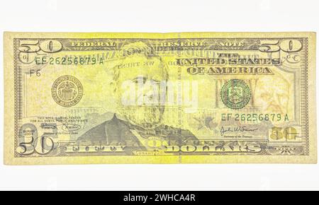 fragment of 50 dollar banknote with visible details of banknote reverse for design purpose. 50 dollars watermark Stock Photo