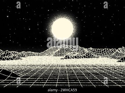 Retro dotwork landscape with 80s styled sun, grid mountains and stars background from old sci-fi book or poster. Stock Vector