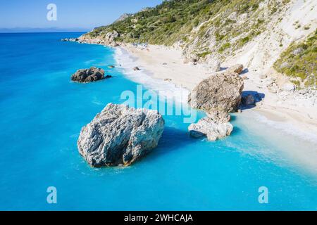 Aerial view of beautiful Kalamitsi beach, Ionian Sea, Lefkada island, Greece. Stock Photo
