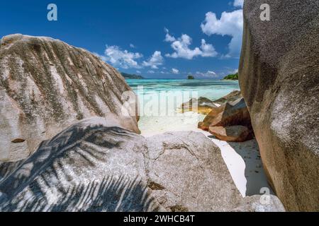 Anse Source d'Argent. Exotic tropical paradise beach on island La Digue in Seychelles. Huge Granite boulders and blue lagoon. Stock Photo