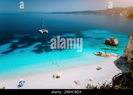 Amazing Fteri beach on Kefalonia island, Greece. Crystal clear blue sea of Ionian Sea. Stock Photo