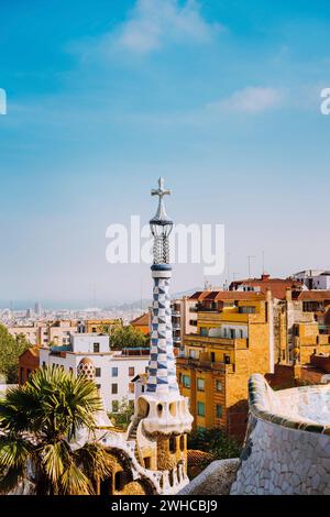 Park Guel, Barcelona, Spain. Famous example of unique mosaic architecture Building. Tourist most visiting location. Stock Photo