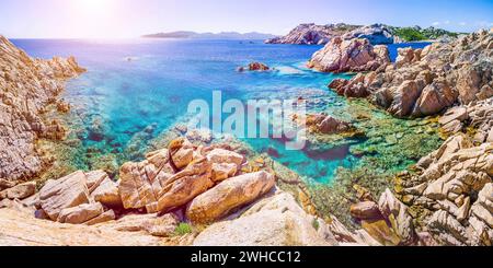 Pure clear azure sea water and amazing rocks on coast of Maddalena island, Sardinia, Italy. Stock Photo
