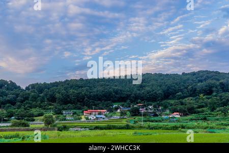 Landscape of small farming community with mountains in the background under a blue sky filled with puffy white clouds in Daejeon, South Korea Stock Photo