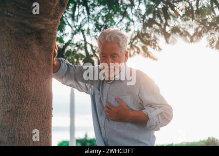 Head shot close up portrait sick old man feeling bad touching his chest at the park. Tired mature male resting next to tree. Stock Photo