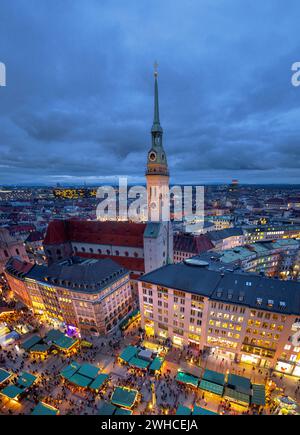 View from the New Town Hall to Marienplatz and St. Peter's Church, Alter Peter, Munich, Bavaria, Germany Stock Photo