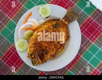 A traditional Kerala fried fish dish, the Pearl Spot (Etroplus suratensis), locally known as “Karimeen,” served on a plate, India Stock Photo