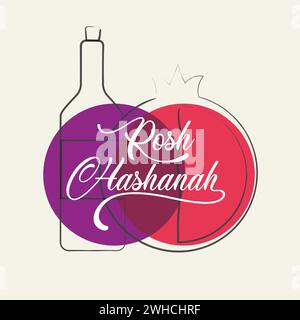 Isolated wine bottle and pomegranate fruit Rosh hashanah Vector Stock Vector