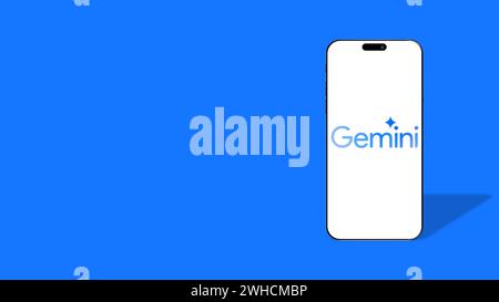 Istanbul, Turkey - 7 February 2024: Google Gemini logo on smartphone screen. Gemini is Google's AI model family, developed by Google's AI research lab Stock Photo
