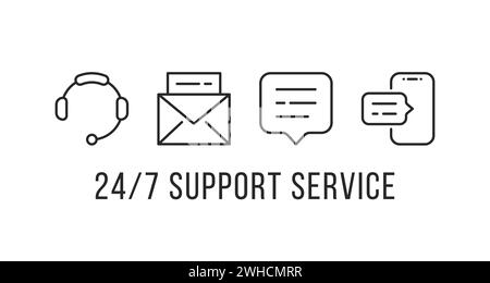 round-the-clock support service linear set Stock Vector