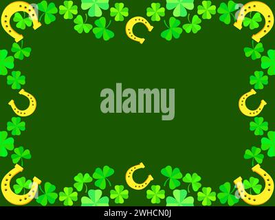 St. Patrick's Day frame with clover leaves and horseshoes. Border with four leaf clovers and shamrocks, golden horseshoes. Design for invitations, lea Stock Vector