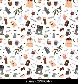 Coffee doodles seamless pattern vector. Cute background with coffee elements in simple hand drawn illustrated style. Different doodle beverages Stock Vector