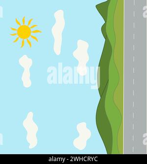 green meadows and gray road under the blue sky and white clouds Stock Vector
