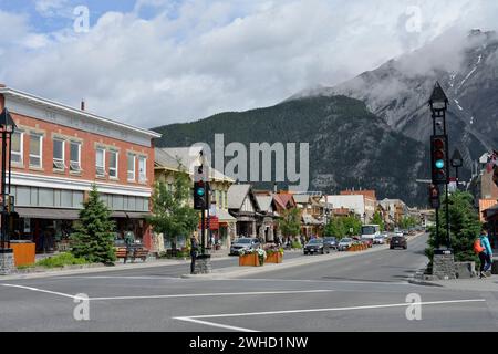 Banff Avenue with Cascade Mountain, Banff, Banff National Park, Alberta, Canada Stock Photo