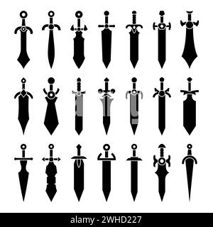 Cartoon black swords set icons. Knives daggers sharp blades. Fantasy game weapon icon silhouettes. Vector illustration Stock Vector