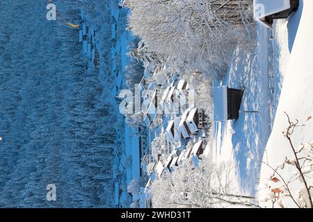 Winter landscape near Mittenwald, view from the Gröblalm to Mittenwald, Werdenfelser Land, Upper Bavaria, Bavaria, Southern Germany, Germany, Europe Stock Photo