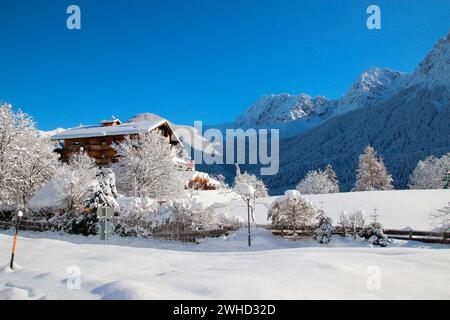 Winter landscape near Mittenwald, Hotel Gröblalm, Werdenfelser Land, Upper Bavaria, Bavaria, Southern Germany, Germany, Europe Stock Photo