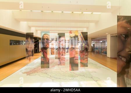 BOGOTA, COLOMBIA - MAY 5: Interior of the Gold Museum in Bogota with huge map and hanging portraits of people. Colombia 2015 Stock Photo