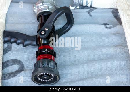 Fire hose. tools for fire extinguishing. close-up  hose to extinguish the fire, hydrants.  Fire Extinguishing Items. Stock Photo
